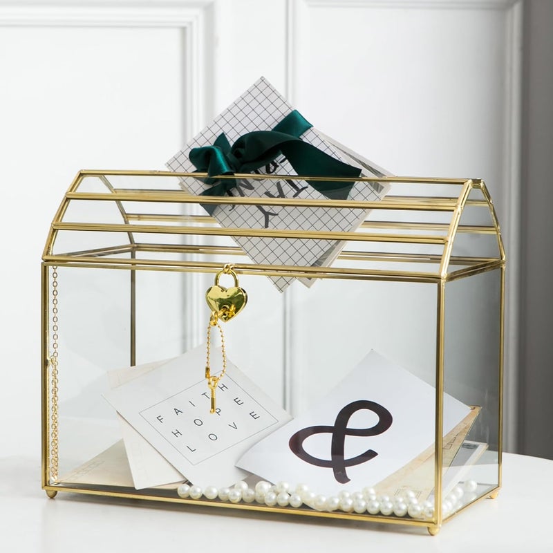 Giadun Wedding Card Box with Slot, 12.2'' Large Glass Card Boxes for Reception, Gold Cards Holder, Clear Decorative Storage Box with Lock for Baby Shower, Birthday Party, Christmas, Bridal Shower - Image 4